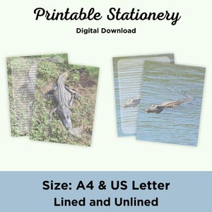 May include: Printable stationery featuring two designs. One design features a lined sheet of paper with a crocodile in a swamp. The other design features a lined sheet of paper with a crocodile in a swamp. The text "Printable Stationery" and "Digital Download" is at the top of the image. The text "Size: A4 & US Letter Lined and Unlined" is at the bottom of the image.