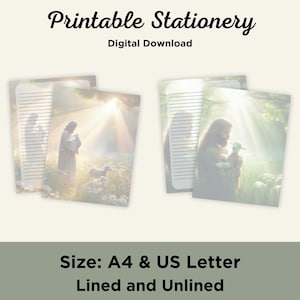 Op de afbeelding: Printbaar briefpapier met een religieus beeld van een persoon die een lam vasthoudt in een veld met een zonnestralen die naar beneden schijnt. Het briefpapier is verkrijgbaar in zowel gelinieerde als ongelinieerde opties en in de formaten A4 en US Letter. De tekst "Printbaar briefpapier" en "Digitaal downloaden" staat bovenaan de afbeelding. De tekst "Formaat: A4 & US Letter Gelinieerd en Ongelineerd" staat onderaan de afbeelding.