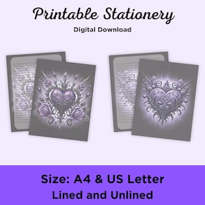 Pode incluir: Papelaria imprimível com um coração roxo com detalhes intrincados e rosas. O design está em um fundo cinza. O texto "Printable Stationery" e "Digital Download" está na parte superior da imagem. O texto "Size: A4 & US Letter Lined and Unlined" está na parte inferior da imagem.