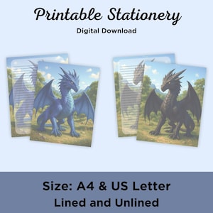 May include: Printable stationery featuring a blue and a black dragon in a fantasy setting. The stationery is available in A4 and US Letter sizes, lined and unlined.