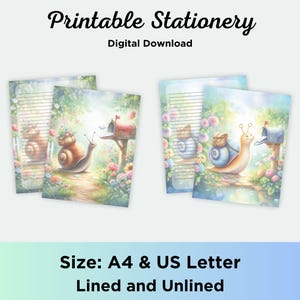 May include: Printable stationery featuring watercolor illustrations of snails near mailboxes in a garden setting. The stationery is available in A4 and US Letter sizes, lined and unlined. The text "Printable Stationery" and "Digital Download" are at the top.