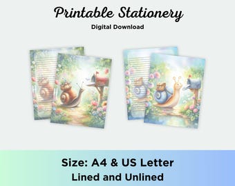 Carta da lettere Snail Mail - Carta da lettere con graziose lumache postali - Set stampabile a righe e senza righe