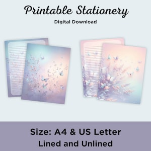 May include: Printable stationery featuring lined and unlined paper with a butterfly and floral design. The stationery is available in A4 and US Letter sizes. The image includes the text "Printable Stationery" and "Digital Download".