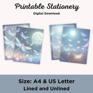Puede incluir: Papelería imprimible con un diseño de ensueño con libélulas brillantes y una luna. La papelería está disponible en tamaños A4 y US Letter, tanto con líneas como sin líneas.