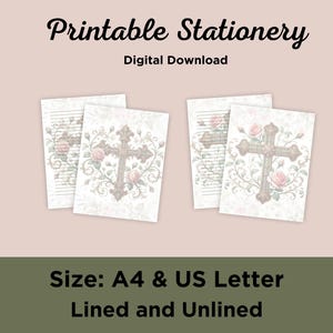 Puede incluir: Papelería imprimible con un diseño de cruz con acentos florales. El diseño está disponible en versiones con y sin líneas, en tamaños A4 y US Letter. Descarga digital.