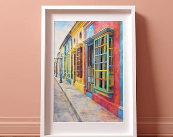Maracaibo Colonial Street Watercolor Print, Colorful Caribbean Houses, Tropical Art (Digital Download)