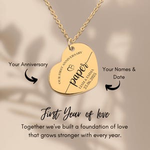 Collana a forma di cuore per il 1° anniversario di carta - Nomi e data personalizzati - Collana personalizzata per il 1° anniversario di carta - Collana a forma di cuore per il 1° anniversario