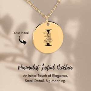 Collar con inicial floral I: colgante grabado personalizado, joyería personalizada, regalo elegante para ella, monograma botánico, delicado dije con letra