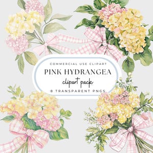 Buquê de hortênsia rosa PNG, pacote de clipart de buquê de dia das mães rosa e amarelo, fita de guingão rosa, estilo grandioso do milênio, uso comercial
