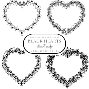 May include: Four black heart-shaped clipart designs with intricate floral and swirl patterns. The image includes a central oval with the text "BLACK HEARTS clipart pack" and "4 TRANSPARENT PNGS". The designs are on a white background.