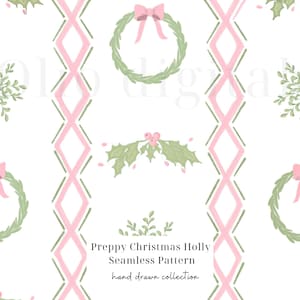 Patrón sin costuras de rayas de acebo navideño de estilo preppy Patrón sin costuras de acebo con bayas rosadas Corona navideña Gran mosaico navideño milenario