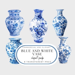 Blauwe en witte vaas PNG, chinoiserie-clipartpakket, aquarel toile-vaas, commercieel gebruik, scrapbooking, uitnodigingen, Grand Millennial StyleI