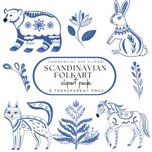 Clipart di arte popolare scandinava, animali nordici stravaganti, foglie scandinave blu e bianche