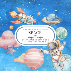 水彩宇宙クリップアート バンドル、パステル カラーの宇宙惑星と星の保育園用クリップアート、宇宙の誕生日、雲と月 PNG