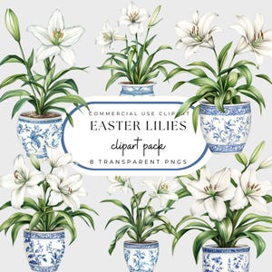 Osterlilien in Toile Planter PNG, Chinoiserie, Botanische Clipart-Pack, Blaue und weiße Toile Planters Aquarell, Grand Millennial Style,