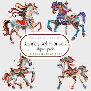 Cavalos de carrossel, pacote de clipart com aparência de papel em camadas, PNGs transparentes, clipart para uso comercial, cores brilhantes, estética de carnaval