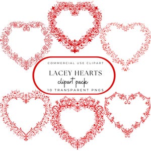 May include: A collection of red, ornate heart-shaped designs. The hearts feature intricate floral and scrollwork patterns. The image includes the text "LACEY HEARTS clipart pack" and "10 TRANSPARENT PNGS".