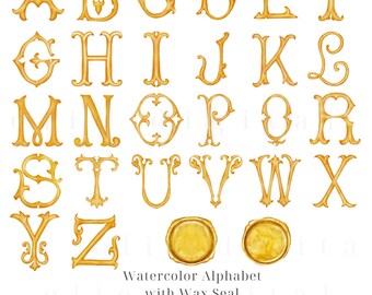 Watercolor Alphabet Clipart: Gold Vintage Hand-Drawn Letters (PNG, Commercial Use)