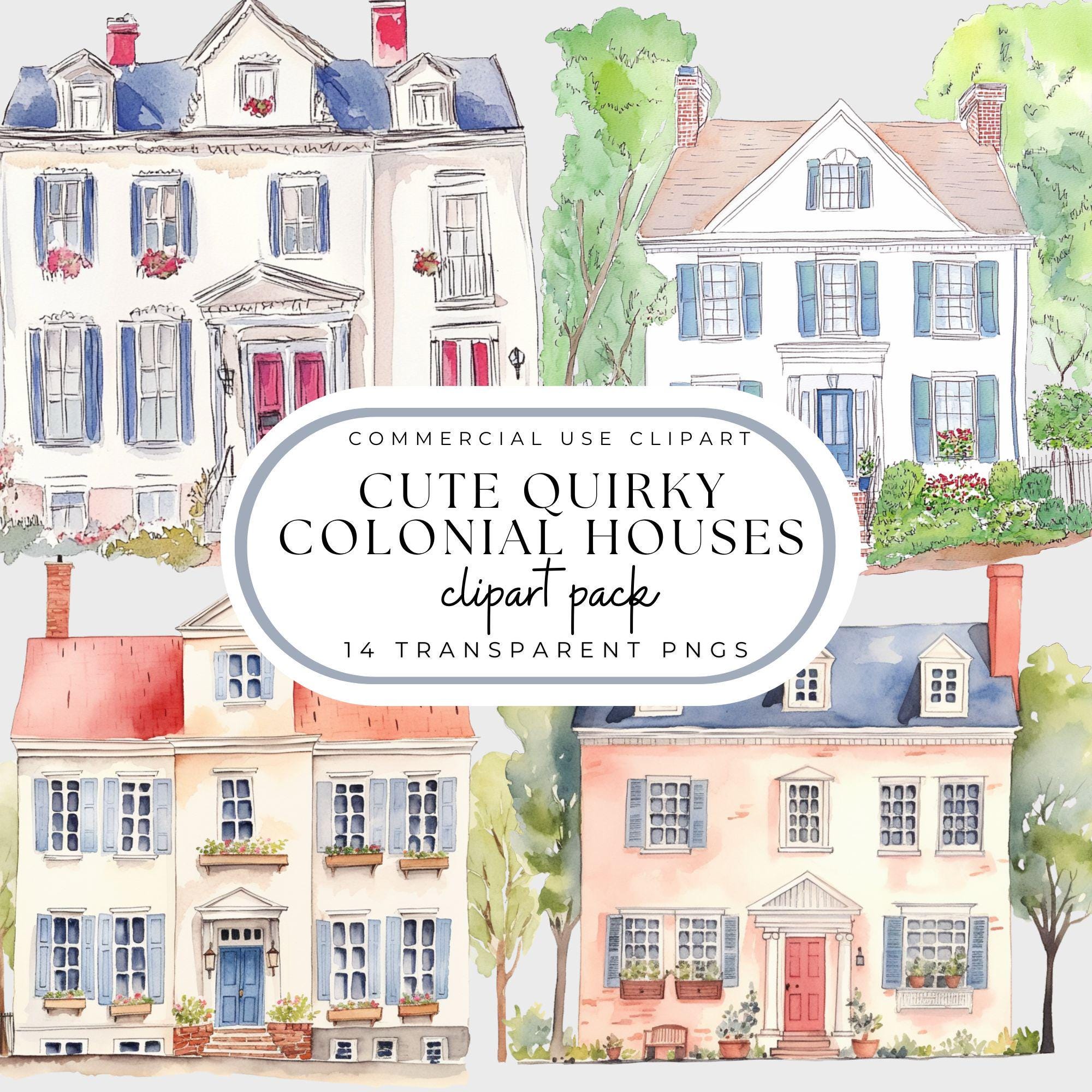 Cute House Clipart Pack, Quirky Colonial Watercolor Houses, Whimsical  House Graphics, Crafting Digital Clipart, Commercial Use