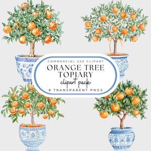 Sinaasappelboom vormsnoei PNG, chinoiserie, clipartpakket, blauwe en witte toile plantenbakken aquarel, Grand Millennial-stijl, commercieel gebruik