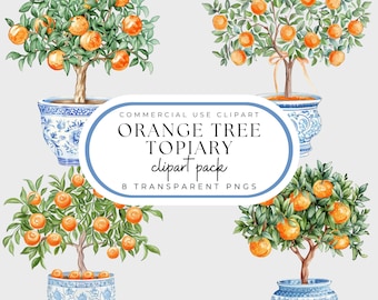 Orange Tree Topiary PNG, Chinoiserie, Clipart Pack, Blue and White Toile Planters Watercolor, Grand Millennial Style, Commercial Use