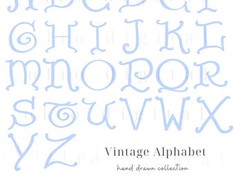 Vintage Hand Drawn Alphabet Clipart: Blue Calligraphy Letters (PNG Files, Digital Download)