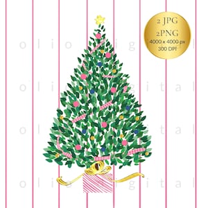 May include: A watercolor illustration of a Christmas tree decorated with pink, blue, and yellow ornaments, pink ribbon, and a gold star. A wrapped gift with a gold bow sits at the base of the tree. The background has pink vertical stripes.