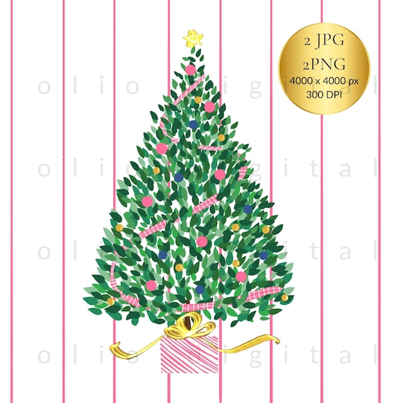 Preppy Christmas Tree Clipart | Pink Stripe Background | Grandmillennial| Holiday Tree PNG | (Digital Download)