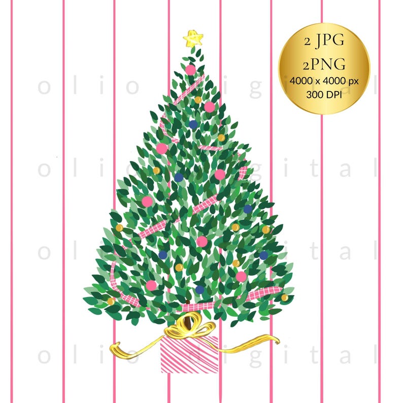 May include: A watercolor illustration of a Christmas tree decorated with pink, blue, and yellow ornaments, pink ribbon, and a gold star. A wrapped gift with a gold bow sits at the base of the tree. The background has pink vertical stripes.