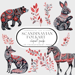Clipart art folklorique scandinave animaux fantaisistes nordiques png feuillage scandinave noir et rouge