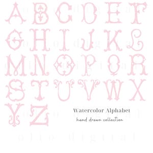 May include: A complete alphabet in a soft pink watercolour style. Each letter features unique decorative flourishes. The image includes the text "Watercolor Alphabet" and "hand drawn collection".