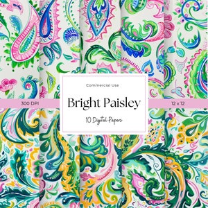 May include: Ten digital papers featuring a bright paisley pattern in shades of pink, blue, green, and yellow on a white background. The papers are 12x12 inches and 300 DPI. Commercial use is allowed.