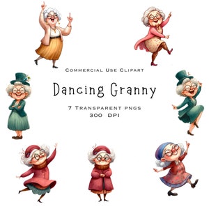 Dancing Granny Clipart Funny Old Lady Quirky Woman Nana Grandma MeeMaw  Transparent PNG 300 DPI Colorful Digital Scrapbooking Sublimation