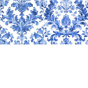 May include: A seamless pattern featuring a blue and white damask design. The pattern is made up of intricate floral motifs and swirls.