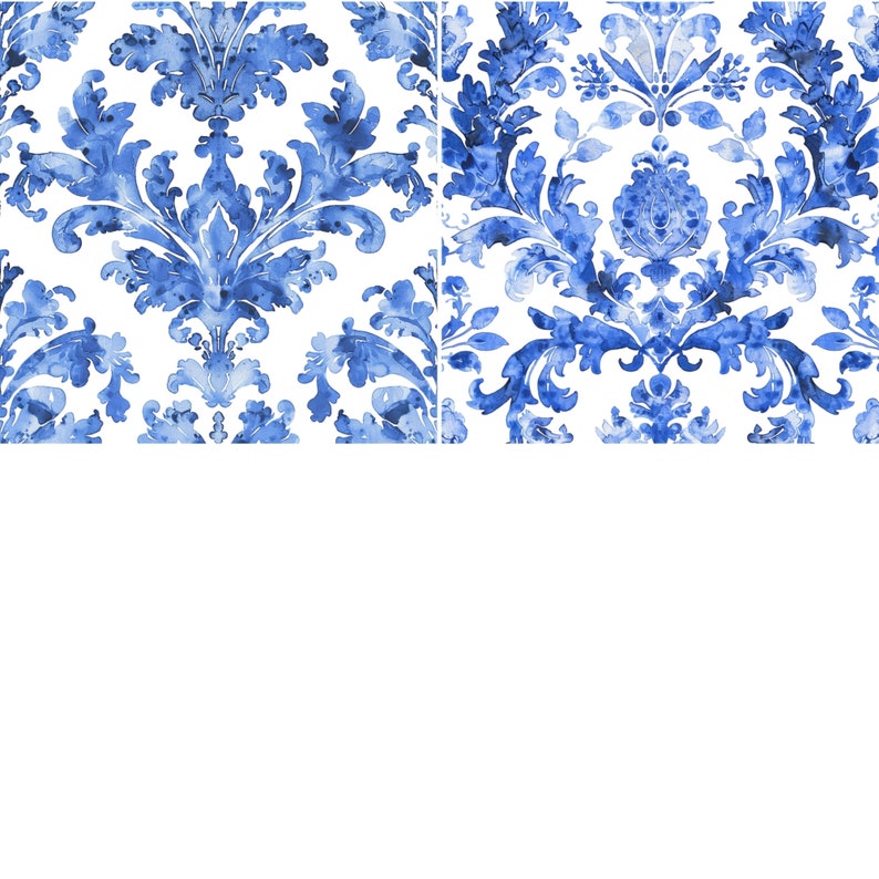 May include: A seamless pattern featuring a blue and white damask design. The pattern is made up of intricate floral motifs and swirls.