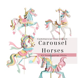 Cavalos de carrossel, PNGs transparentes, pacote de clipart com aparência de papel em camadas, clipart para uso comercial, cores pastel, estética de carnaval