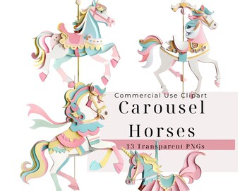 May include: Four colorful paper craft carousel horses with pink, blue, yellow, and white accents.  Commercial Use Clipart Carousel Horses 13 Transparent PNGs.