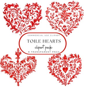 Toile Hearts Clipart, Preppy Red Watercolor Toile Heart PNG Chinoiserie Grand Millennial Style Coastal Grandma Commercial Use