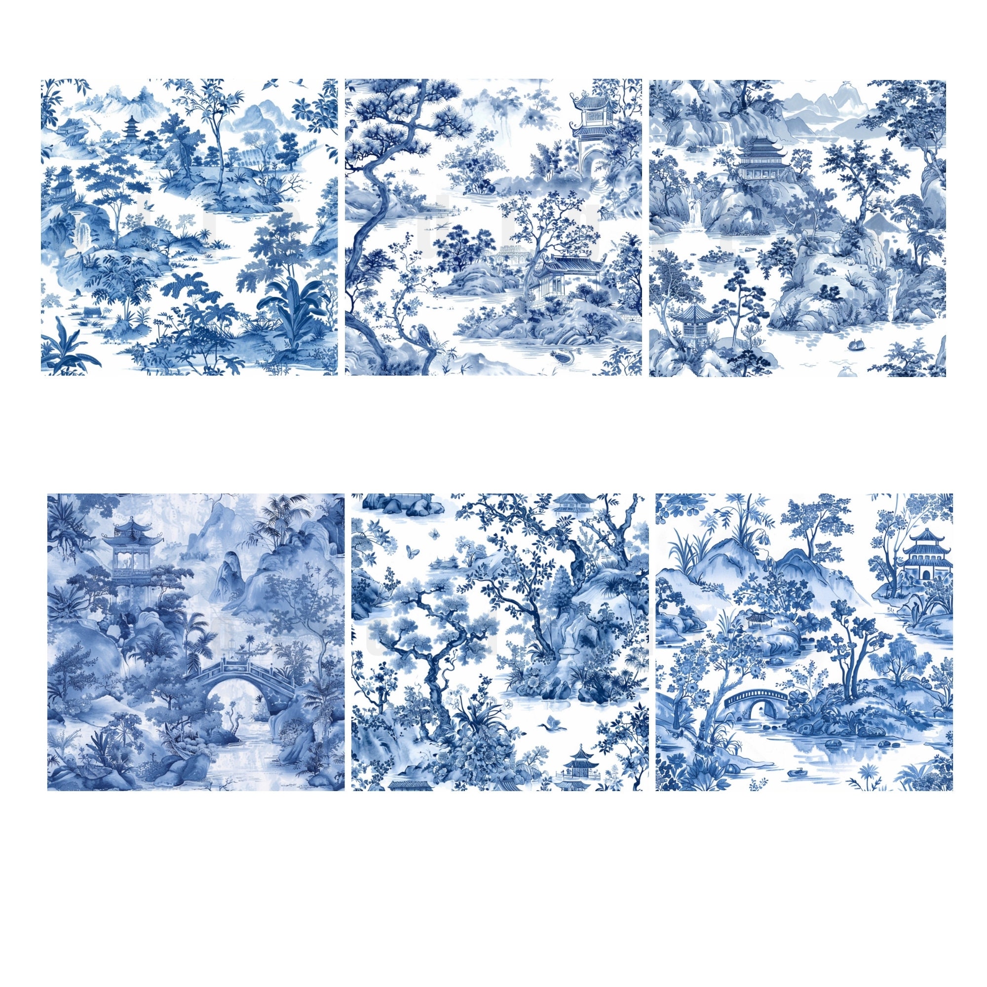 Chinoiserie Toile De Jouy Digital Paper: Blue & White JPG Clipart ...