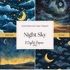 Papier cyfrowy Night Sky | Wieczorny księżyc i gwiazdy | Papier do druku Starry Sky | Tło | Użytek komercyjny | Scrapbooking | 12"x 12"| JPG