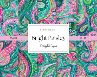 Bright Paisley Digital Paper: Pink & Green Abstract Designs (12x12 inches)