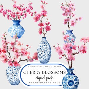 Blauwe en witte vaas png, kersenbloesem in vaas clipartpakket, aquarel toile-vaas, sakura in toile-vaas, Grand Millennial-stijl