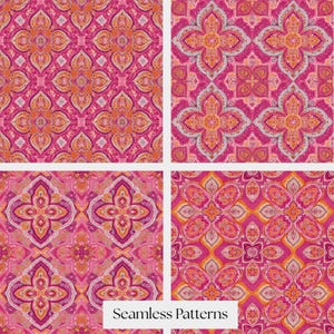 May include: Four seamless patterns in shades of pink, orange, and white. Each pattern features a symmetrical floral design. The text "Seamless Patterns" is at the bottom in a white font.