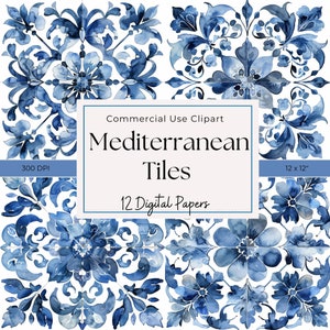 Blue Mediterranean Tile Clipart: Watercolor Azulejo Digital Paper (Digital Download)