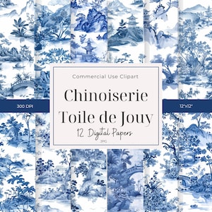 Chinoiserie Toile de Jouy Clipart JPG/ Carta digitale/ Sfondo/ Blu e bianco,/ Uso commerciale, Grand Millennial Style, French Country