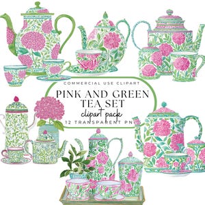 Akvarell Preppy Clipart: Rosa och grön blommig teservis (PNG-filer)