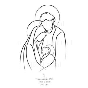 May include: A black and white line drawing of the Holy Family, depicting Mary, Joseph, and the baby Jesus in a minimalist style with halos. The image includes the number "1" and text indicating it is a transparent PNG file.