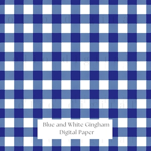 Puede incluir: Un diseño de papel digital con un patrón de cuadros vichy azul y blanco. El patrón consta de cuadrados espaciados uniformemente en tonos alternos de azul y blanco. El texto "Blue and White Gingham Digital Paper" se muestra en un rectángulo blanco.