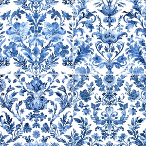 May include: A seamless pattern of blue and white floral damask designs. The pattern is made up of repeating motifs of flowers, leaves, and swirls. The background is white.