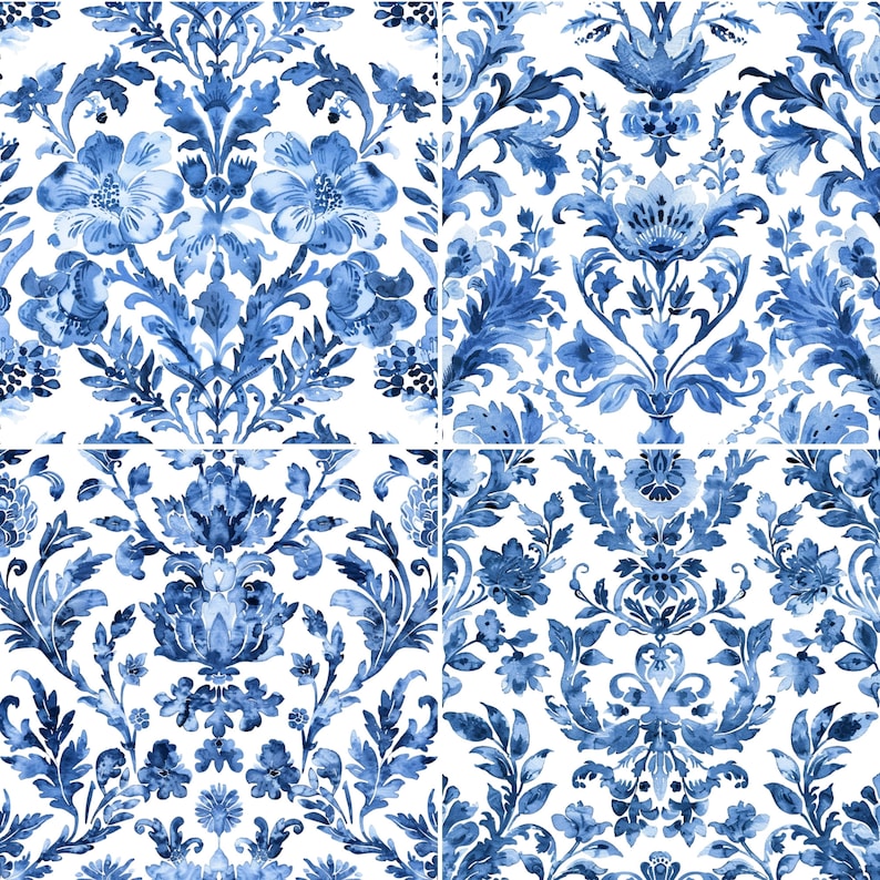 May include: A seamless pattern of blue and white floral damask designs. The pattern is made up of repeating motifs of flowers, leaves, and swirls. The background is white.